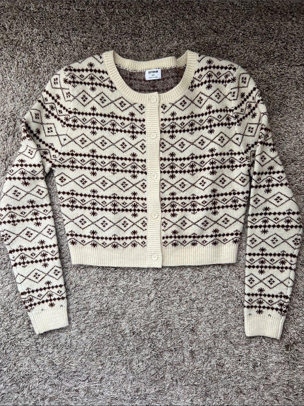 Cotton On Cream and Brown Patterned Crewneck Cardigan Sweater